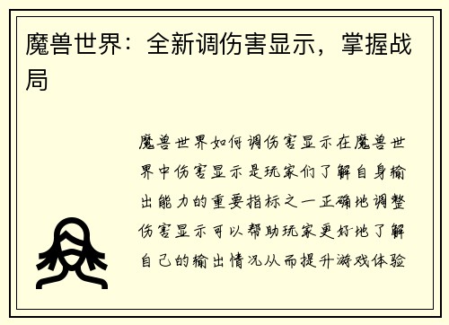魔兽世界：全新调伤害显示，掌握战局