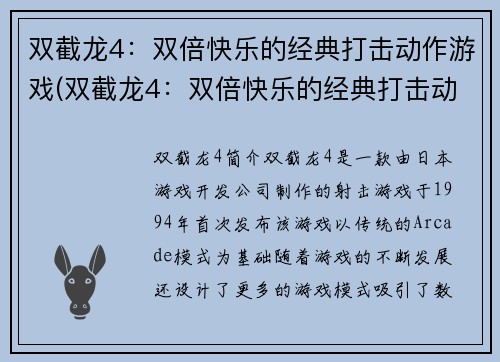 双截龙4：双倍快乐的经典打击动作游戏(双截龙4：双倍快乐的经典打击动作游戏续写)